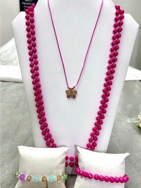 Butterfly pendant Necklace, Bracelet Set kids 4pc set hot pink